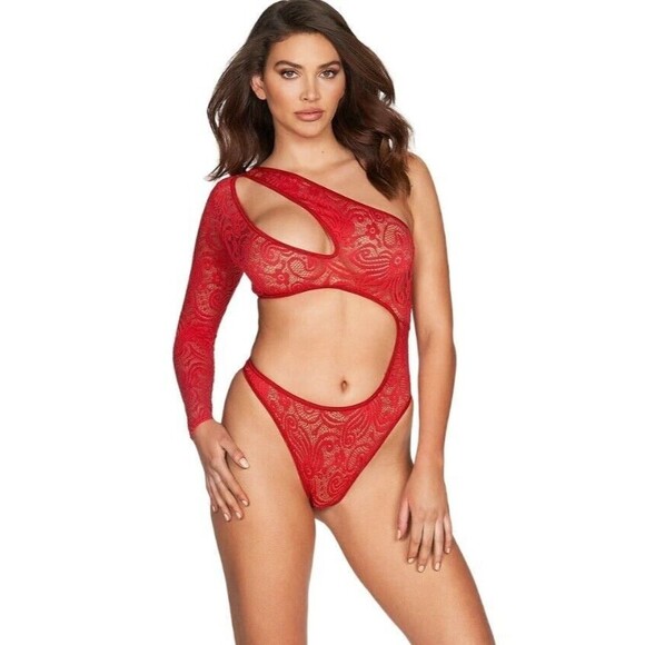 Frederick's of Hollywood Bodysuit MEDIUM Red Lace Kerry One Sleeve Cut-Out NWT - Picture 2 of 9